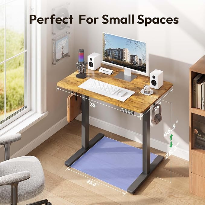Electric Standing Desk,35x24 Inches Adjustable Height Stand up Desk, Sit Stand Home Office Desk with Splice Board, 3 Preset Heights,Equipped with Hooks,Ergonomic Computer Workstation,Brown