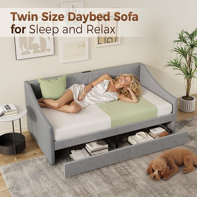 Twin Size Daybed with 2 Storage Drawers, Upholstered Daybed Frame with Charging Station, Heavy Duty Sofa Bed for Bedroom, Living Room, No Box Spring Needed,Easy Assembly