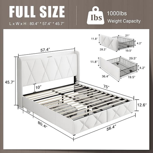 Einhomn Full Size Bed Frame with 4 Storage Drawers and Charging Station, Upholstered Platform Bed Frame with Storage Headboard, No Box Spring Needed, Easy Assembly, White