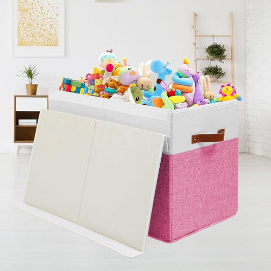 Gowee Large Toy Box with Lid, Sturdy Toy Storage Chest Bin Boxes Organizer Basket with Dividers for Toddlers, Kids, Boys, Girls, Nursery, Closet, Bedroom, Playroom 25"x13" x16" (Pink and White)
