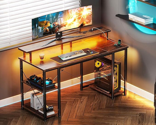 ODK 48 inch Gaming Desk with LED Lights & Power Outlets, Computer Desk with Monitor Stand & Storage Sheves, CPU Stand, Home Office Desk, Vintage