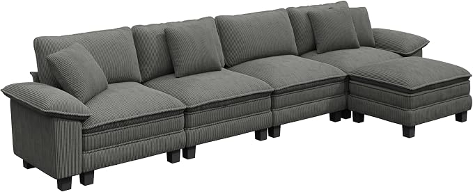 PHI VILLA Cloud Modular Couch Sets, 157.5" Oversized Sectional Sofa with L-Shaped Chaise, 5-Seater Upholstered Couches with Movable Ottoman for Living Room, Corduroy Grey