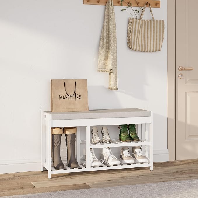 APRTAT 3-Tier Bamboo Shoe Rack Bench, Shoe Storage Organizer Bench, Entryway Benchs, Shoes Rack for Front Door Entrance, Entryway Bathroom Bedroom (White, Large)