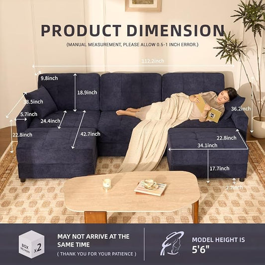 112" U Shaped Modular Cloud Sectional Couch, Waffle Fabric, Navy | Modular Deep Seat Sofa, Movable Ottoman, Pocket Spring Cushions, 2-Box Delivery, Living Room Lounge Use, Not Boneless