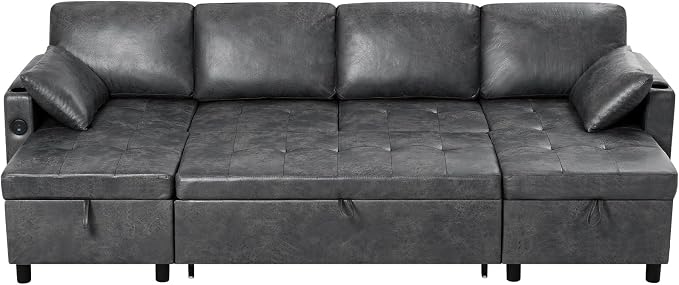 110 inches Suede Leather Sleeper Sofa w/Pull Out Bed, U-Shape Sectional Sofa Bed w/Adjustable Backrest and Storage Chaises, 4-Seats Upholstered Sofa Bed w/USB Port for Living Room, Grey