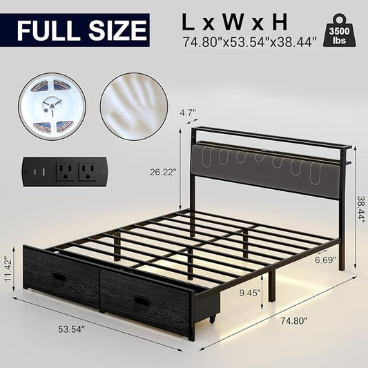 Full Bed Frame with 2 Drawers, Platform Bed Frame with LED Lights and Charging Station, Upholstered Headboard, Heavy Duty Metal Slats, No Box Spring Needed, Noise Free, Easy Assembly
