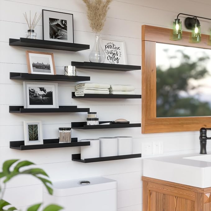 RICHER HOUSE 8 Set Black Floating Wall Mounted Shelves, Nursery Hanging Book Shelves with Lip for Storage, Black Display Picture Ledge Shelf for Bedroom Bathroom Kitchen Living Room Wall Decor