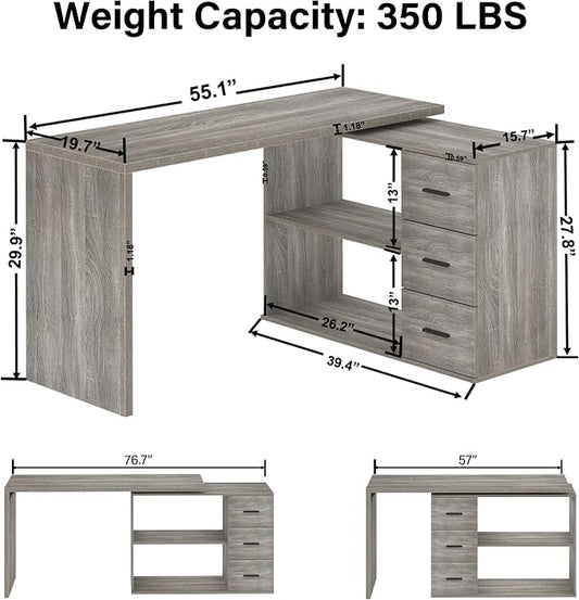 HSH L Shaped Office Desk with Drawers Shelves 55-76 Inch, Corner Computer Desk with Storage 360 Rotating Long for Work, Executive, Study, Writing, Teacher, Bedroom Modern Gaming Table, Light Grey