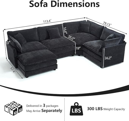 Oversized Modular Sectional Cloud Sofa: 114" V-Shaped Modular Cloud Couch, 5 Seater Comfy Couch with Ottomans and Pillows, Chenille Deep Seat Couch for Living Room,Bedroom,Apartment,Large Space, Black