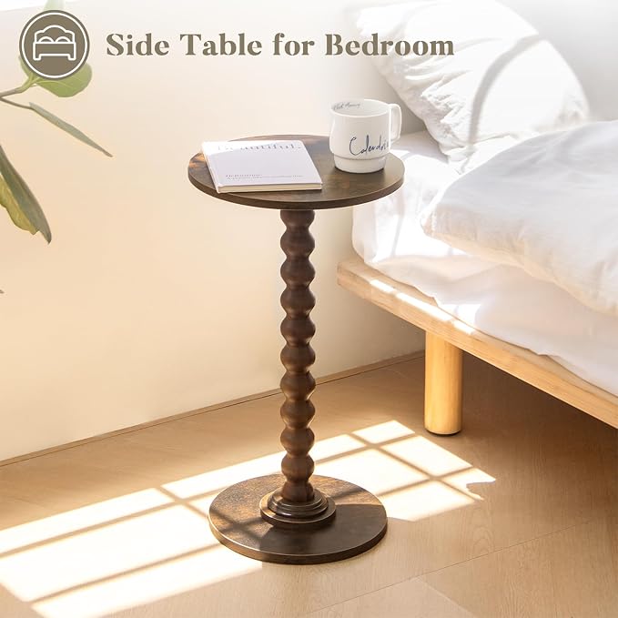 Fultyle Round Side Table, Small Drink Table for Small Spaces, Modern Accent Nightstand with Solid Wood Leg for Living Room, Bedroom, Corners, and Office (Rustic Brown)