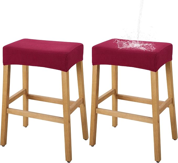 YISUN Stool Covers Rectangle - 2 Pack Stretch Waterproof Saddle Seat Cover Counter Bar Stools Bar Chairs Covers Kitchen Island Chairs Cushion Protector (2, Wine Red)