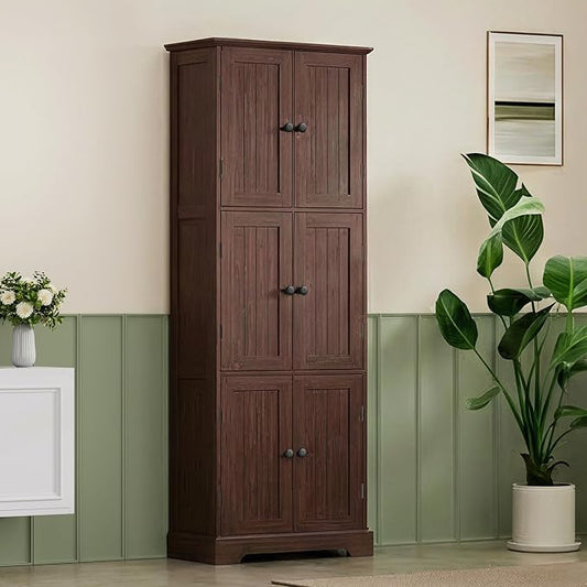 ChooChoo Tall Bathroom Storage Cabinet with 6 Doors, Freestanding Floor Cabinet with Adjustable Shelves, Rustic Walnut Pantry Cabinet for Bathroom, Kitchen, Laundry Room