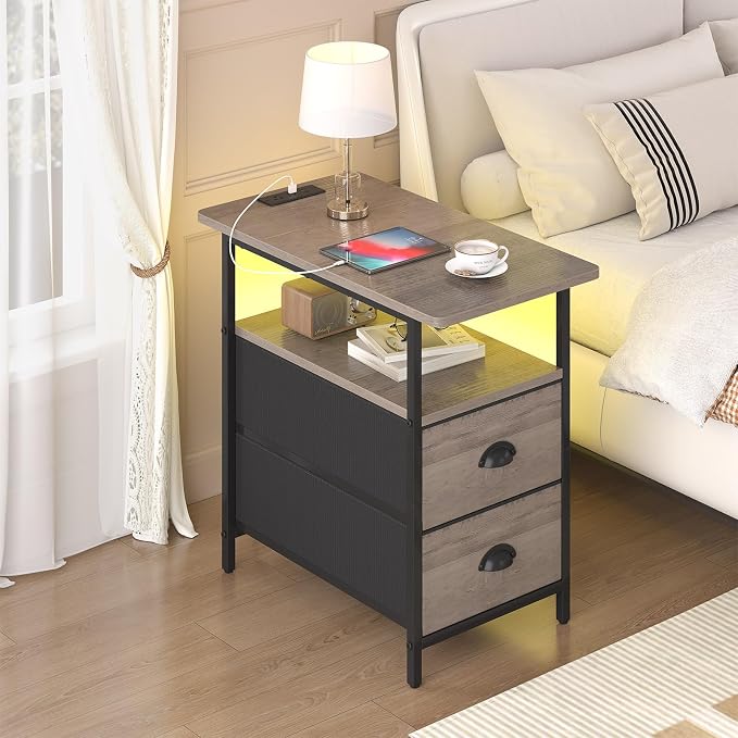 sthmec End Table with Charging Station, Narrow Side Table with 2 Drawers, LED Nightstands with Drawers, USB Ports & Power Oulets,Slim Sofa Side Tables for Small Spaces,Living Room,Bedroom, Grey