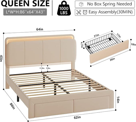 Feonase Queen Upholstered Bed Frame with Headboard and 2 Storage Drawers, Built-in Charging Station, Velvet Platform LED Bed with Solid Wood Slat Support, No Box Spring Needed, Beige