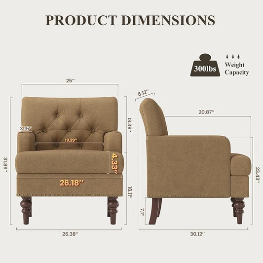 MALOL Upholstered Accent Chair, Comfy Reading Chair for Living Room, Mid Century Modern Armchair with Thick Cushion & Solid Rubberwood Legs, for Bedroom/Small Spaces, Brown
