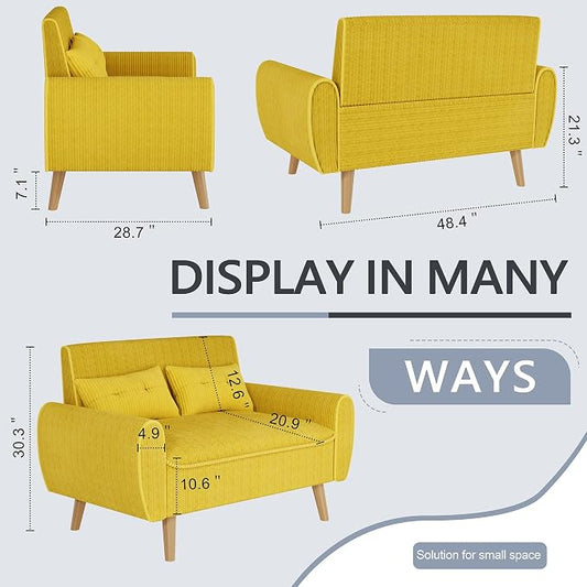 Shintenchi 48'' Loveseat Sofa, Mid-Century Modern Upholstered Couch Deep Seat with 2 Pillows, 10" Thick Cushion with Spring, Solid Wood Frame Small Couch for Living Room, Dorms & Office, Yellow