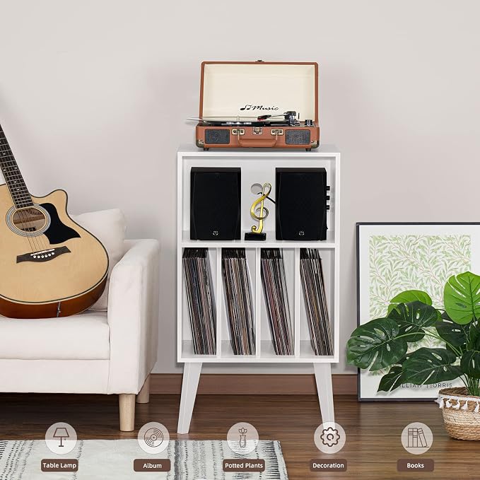 Lerliuo Record Player Stand, White Turntable Stand Holds up to 160 Albums, Mid-Century Vinyl Storage Cabinet Table with Solid Wood Legs, Record Player Holder Dispaly Shelf for Bedroom Living Room