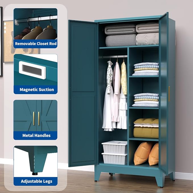 Steel Armoire Wardrobe Closet, 71" Metal Clothing Storage Cabinets with 2 Doors & 3 Adjustable Shelves, Blue Wardrobe Cabinet with Hanging Rod for Bedroom, Gym
