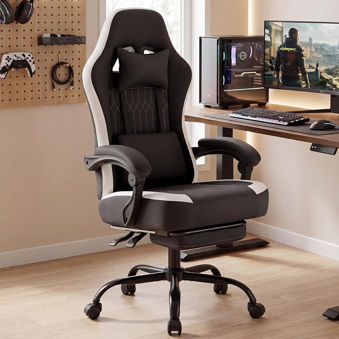 DUMOS Gaming Chair with Linkage Armrests, Video Game Chairs with Pocket Spring Cushion, Ergonomic Computer Silla Gamer Office Desk Chair with Footrest for Adults & Students, Black