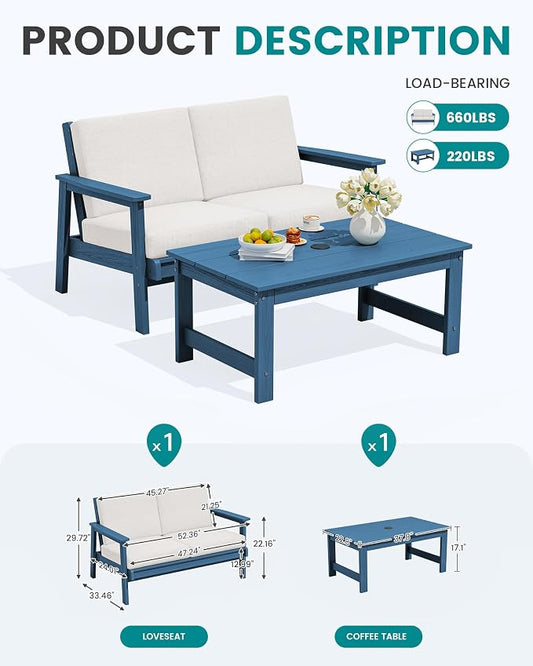 SERWALL Outdoor Loveseat, Blue Frame and Khaki Cushion