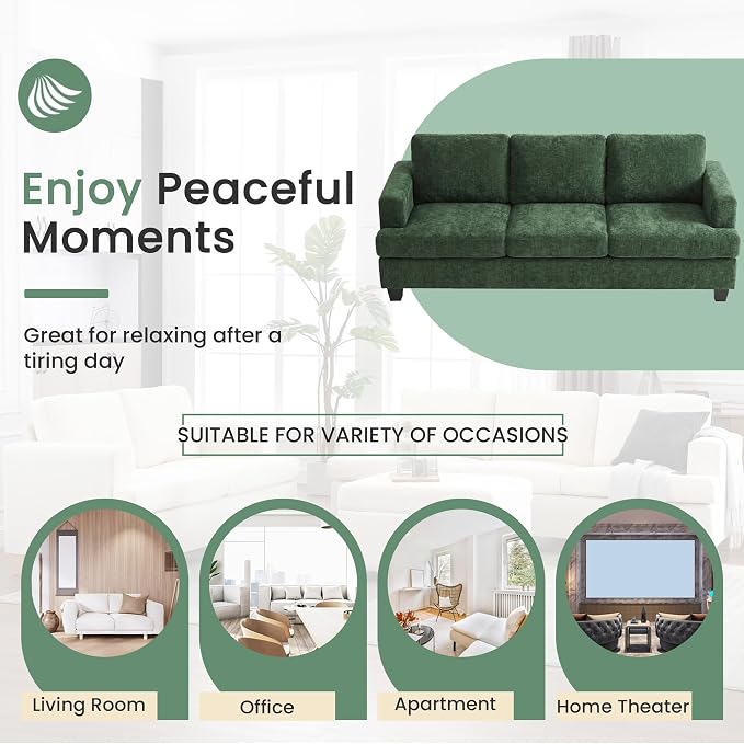 YOUDENOVA 2 Piece Set Comfy Sofa Couch, 3-Seater Sofa * 2 with Deep Seats, Modern Sleeper Couch for Living Room, Green Chenille