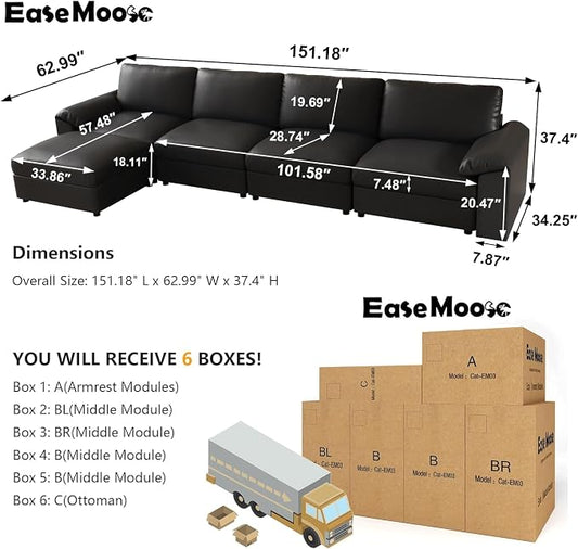 EASE MOOSE Oversized Modular Sectional Sofa,Leather Sectional Couch with Deep Seat,Extra Large L Shaped Couch,Classic Comfy Scratch Resistant Faux Leather Material Sofa for Living Room,Black