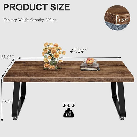 HSH Wooden Coffee Table, Industrial Rectangle Center Table, Modern Minimalist Coffee Table for Living Room, Farmhouse Wood and Metal Cocktail Tea Table for Bedroom Home Office, Rustic Brown, 47 in