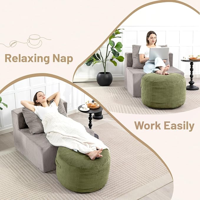 Round Stuffed Pouf Ottoman,Corduroy Foot Rest with Rebound Foam Filled, Furry and Fluffy Foot Stool Ottoman, Floor Poufs for Living Room (Green, 26" D x 26" W x 18" H)