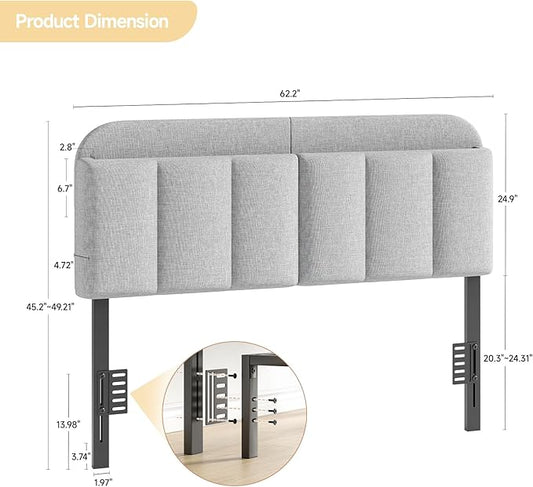 Adjustable Headboard for Full/Queen Size Bed Frame, Linen Fabric Bed Headboard with Storage & RGB LED Light in Modern Vertical Channel Design, Light Grey