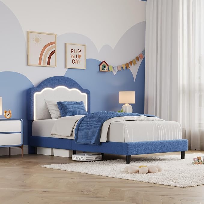 IDEALHOUSE Twin Bed Frame with LED Headboard, Boucle Fabric Upholstered Platform Bed with LED Light for Kids, Girls, Wooden Slats Support, No Box Spring Needed, Blue