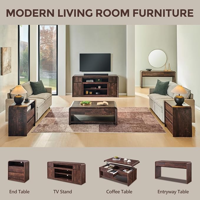 Aitjunz 63'' Console Table with 3 Drawers, Modern Entryway Table with Curved Profile Design, Narrow Long Wood Sofa Table Behind Couch Table for Living Room, Hallway, Foyer, Brown