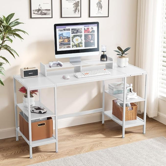 MINOSYS Computer Desk 55-inch with Storage Shelf - White Ideal Gaming Desk for Bedrooms, Small Spaces, and Home Offices Modern Writing Desk for PCs.