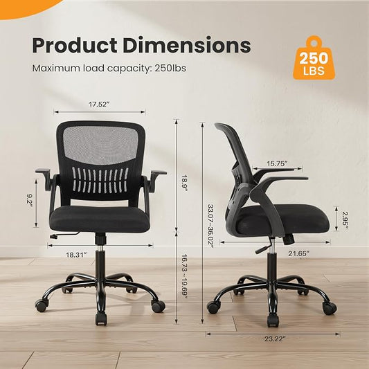 Sweetcrispy Home Office Managerial Executive Chair, Flip Up Armrest Ergonomic Mesh Adjustable Swivel Mid-Back Computer Desk Chair with Comfortable Lumbar Support, Comfy Arms for Bedroom,Study