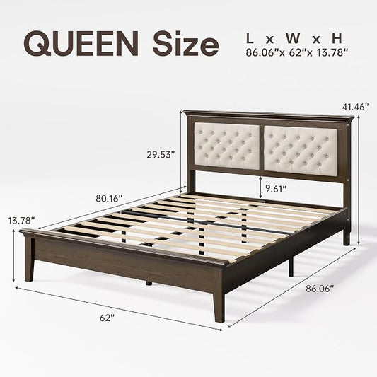 Lifezone Solid Wood Queen Size Bed Frame 41.5” Tall Diamond-Tufted Upholstered Headboard, American Classic Flat-Top Bed, Stable Structure, Wood Slats Support, Noise-Free, No Box Spring Needed, Walnut