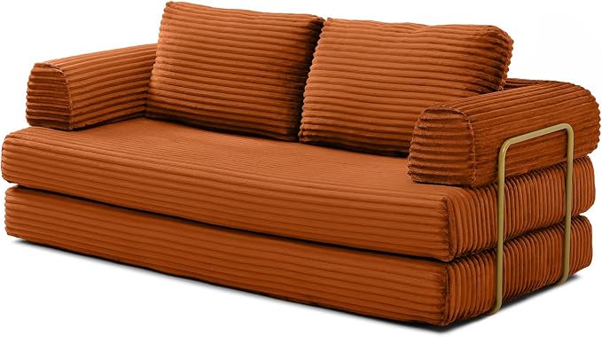 HANXIN 80 Inch Convertible Sleeper Sofa Bed, High Back Plush Corduroy Folding Floor Mattress Couch with Fixed-Shape Frame, Boneless Futon Loveseat with Pull Out Bed, No Assembly Required (Orange)