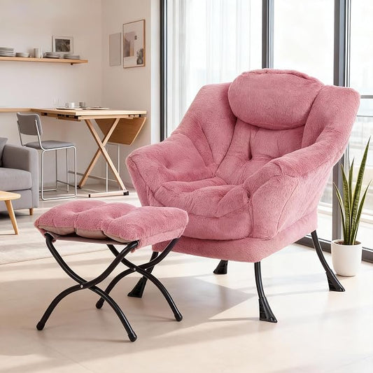 Lazy Chair with Ottoman, Modern Accent Chair Contemporary Sofa Chair with Armrests, Reading Chair and Folding Footstool Set for Living Room, Bedroom, Office