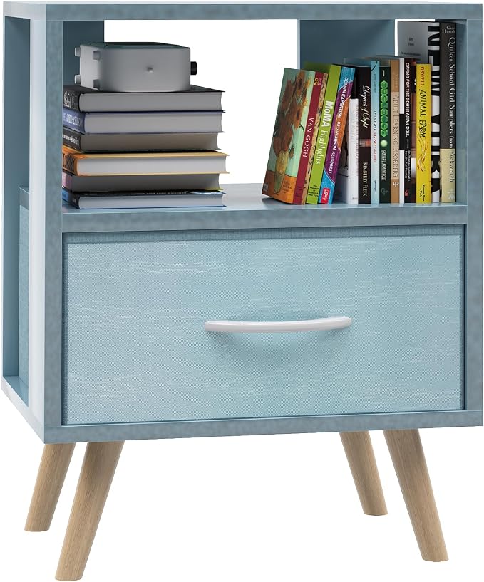 Aenuert Night Stand, Blue Kids Nightstand with Drawer, Nursery Side Table with Open Storage, 2-Tier Modern End Table, Bedside Table for Small Space, Living Room, Bedroom