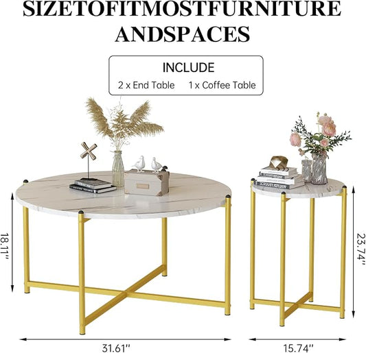 AWQM Faux Marble Coffee Table Set of 3, 1 Coffee Table & 2 Sofa Table, Round Tabletop and Metal Cross Base Frame,Perfect for Living Room Apartment, White