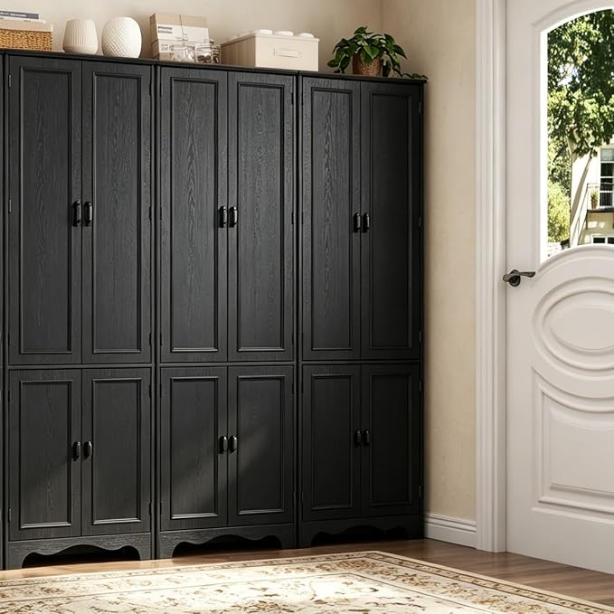 Function Home 72" Kitchen Pantry Cabinet, Tall Wood Farmhouse Storage Cabinet with Doors and Adjustable Shelves, 6 Tier Freestanding Cupboard for Kitchen Dining Room Living Room Bathroom, Black