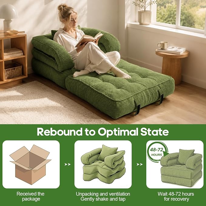 Folding Sofa Bed, Convertible Sleeper Chair with Armrests for Adults, Foldable Corduroy Boneless Bed, 3-in-1 Portable Futon Couch Floor Sofa with Pillow for Bedroom, Living Room, Dark Green