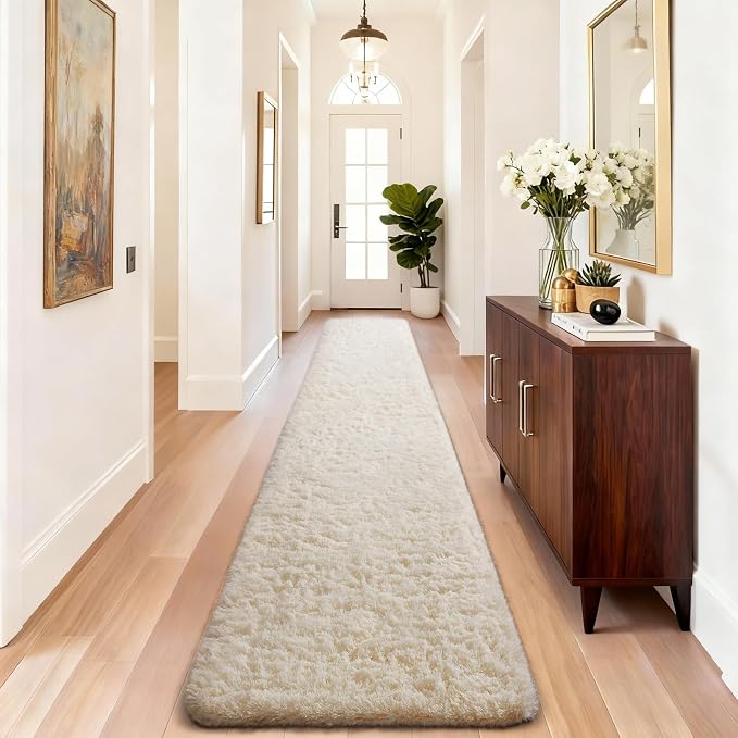 Ophanie 2x10 Runner Rug for Hallway, Upgrade Non-Slip Fluffy Soft Bedside Rugs, Bedroom Living Room Ivory Shaggy Carpet for Kids Girls Boys Dorm Nursery Home Decor Aesthetic