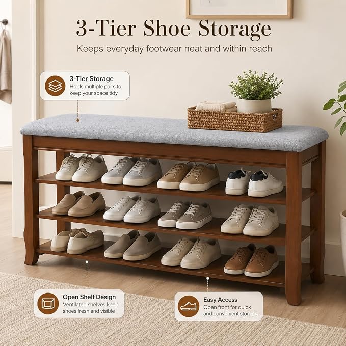 SolidWood Entryway Shoe Storage Bench, Flip-Top Soft-Close Lid, Adjustable Shelves, Cushioned Entryway Shoe Rack Organizer,Hallway, Closet, Foyer 39.4''