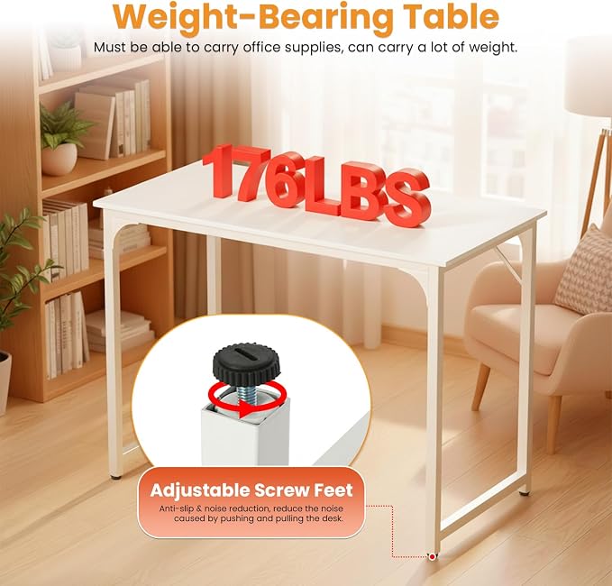 PayLessHere | 39 Inch Computer Desk | White | Office Desk with Metal Frame, Adjustable Feet | Water-Resistant, Scratchproof Surface | Sturdy Writing Table for Home Office or Study | Pack of 1