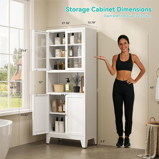 69" Tall Pantry Cabinet with Open Shelf,13.78“Deep By 28" Wide Storage Cabinet with Glass Doors and Adjustable Shelves,Microwave Stand,for Kitchen Dining Room Bathroom,White,1Pc