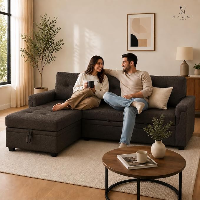Naomi Home 84" L-Shaped Sectional Sleeper Sofa with Pull Out Bed | Sleeps guests comfortably, stores essentials in chaise & saves space, Velvet, Espresso convertible sofa bed