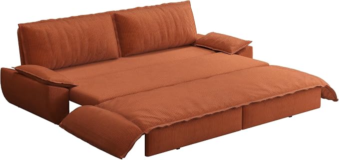 73.2" Sofa Bed Queen Size, Pull Out Couch Bed, 3-in-1 Convertible Sleeper Sofa with Cushion Armrest, Modern Corduroy Futon Couch for Living Room, Small Space, Apartment, Bedroom, Orange