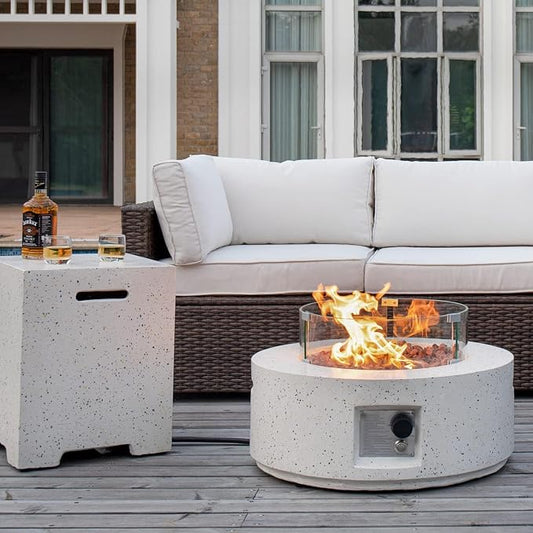 COSIEST 2-Piece Outdoor Propane Fire Pit Table Set w Tank Table, 28" Terrazzo Round Fire Table (Certified, 40,000 BTU) w 16" Tank Cover Side Table 20lb, Wind Guard, Rain Cover for Garden, Pool