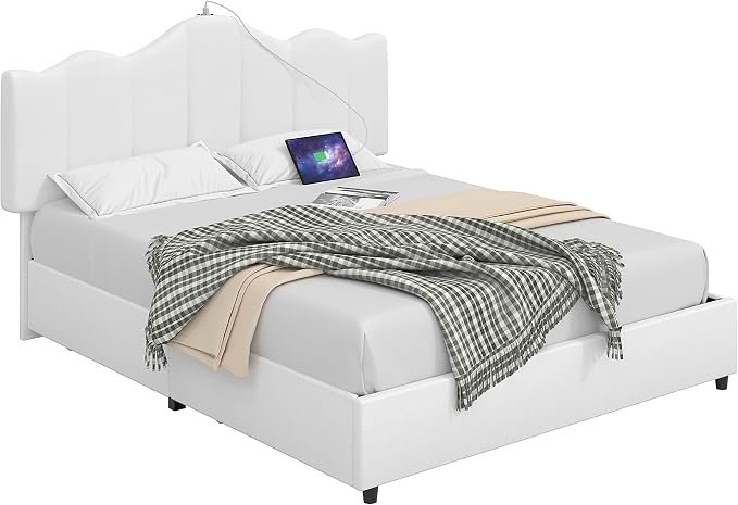 VECELO Full Size Bed Frame with 4 Drawers, Adjustable Headboard, Upholstered Platform with Wood Slats Support, Built-in USB and Type C Ports, Off White