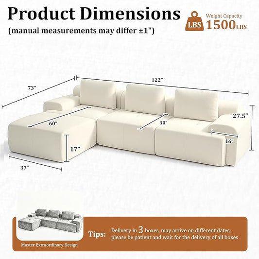122" L Shaped Oversized Boneless Couch, Comfort Cloud Sectional Couches for Living Room, Modular Sofa High Back & Extra Deep Seat, No Assembly, Chenille (Warm White, 122 inch-L Shaped(3+1))