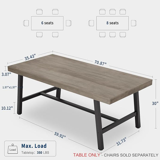 GarveeHome Industrial Dining Table for 6-8 People, 70.87" Long Large Kitchen Table with Sturdy Metal Frame, Rectangular Counter for Dinner, Kitchen, Dining Room (Grey, 71" Non-extendable)